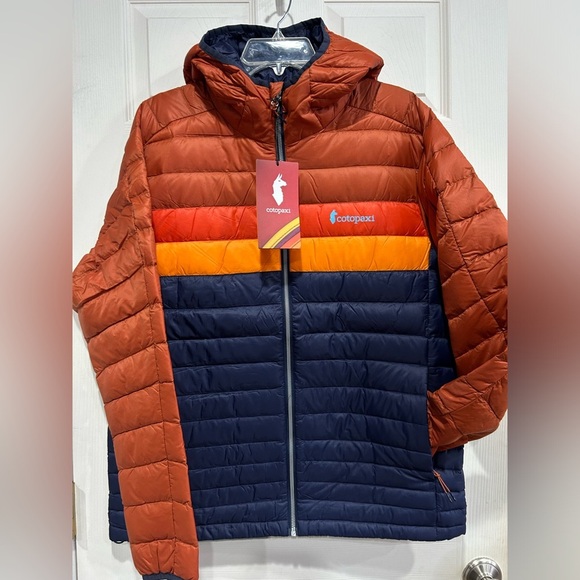 Cotopaxi Men’s Large Fuego Hooded Down Puffer Jacket Orange Blue NWT